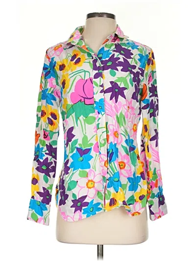 Pre-owned J.crew Collection Long Sleeve Silk Top Purple Floral Pattern Tie Neck Tops