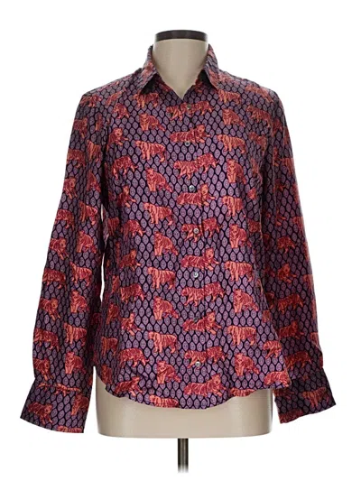 Pre-owned J.crew Collection Long Sleeve Silk Top Red Print Pattern Collared Neckline Tops