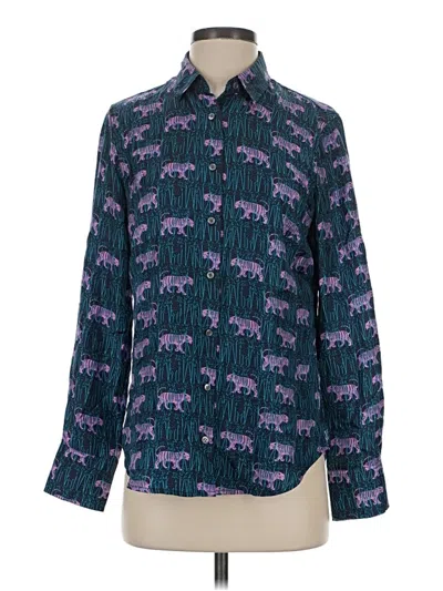 Pre-owned J.crew Collection Long Sleeve Silk Top Teal Animal Print Pattern Collared Neckline Tops