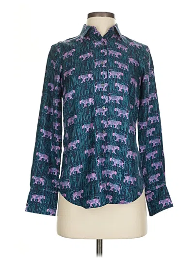 Pre-owned J.crew Collection Long Sleeve Silk Top Teal Print Pattern Mock Neckline Tops In Blue
