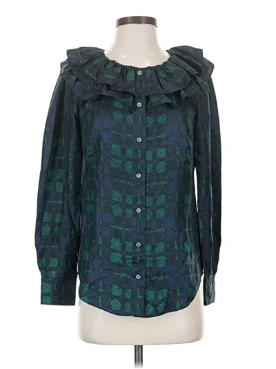 Pre-owned J.crew Collection Long Sleeve Silk Top Teal Ruffles Neckline Tops