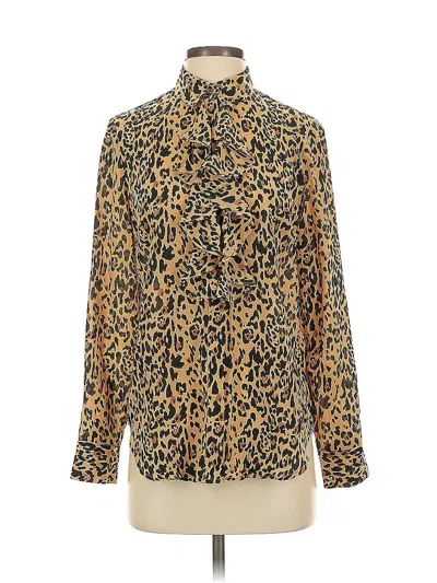 Pre-owned Jcrew Long Sleeve Silk Top Gold Animal Print Pattern Tie Neck Tops