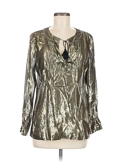 Pre-owned Jcrew Long Sleeve Silk Top Gold Metallic Pattern Keyhole Neckline Tops