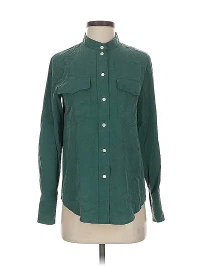 Pre-owned Jcrew Long Sleeve Silk Top Green Solid Pattern Mock Neckline Tops