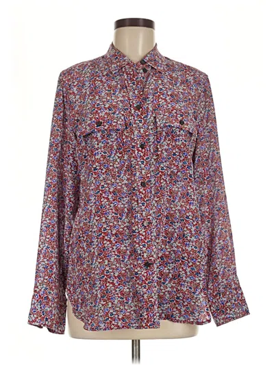 Pre-owned Jcrew Long Sleeve Silk Top Purple Floral Pattern Tie Neck Tops