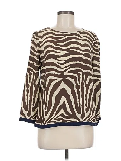 Pre-owned Jcrew Long Sleeve Silk Top Tan Animal Print Pattern Boatneck Tops In Brown