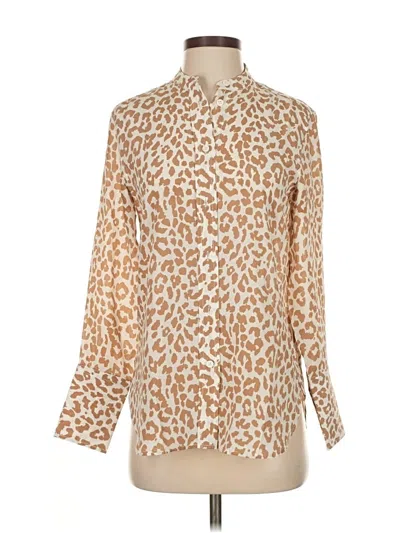 Pre-owned Jcrew Long Sleeve Silk Top Tan Animal Print Pattern High Neck Tops In Brown
