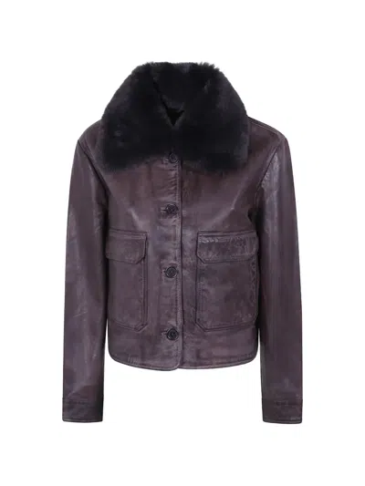 Jcsophie Shearling-collar Leather Jacket In Brown