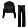 Je Mérite (i Deserve) Women's Lola Silk Cropped Sleep Shirt & Tuxedo Pant Set In Black In Black