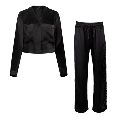 Je Mérite (i Deserve) Women's Lola Silk Cropped Sleep Shirt & Tuxedo Pant Set In Black
