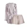 Je Mérite (i Deserve) Women's Pink / Purple Lola Silk Short Robe & Donna Silk Chiffon Tap Short Set In Blush Pink In Pink/purple