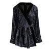 Je Mérite (i Deserve) Women's Black / Blue / Silver Josephine Embellished Silk Velvet Short Robe In Perle Noire In Black/blue/silver