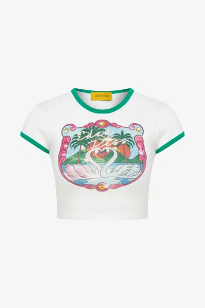 Je Te Veux Women's Eden Kiss Swan Print Baby Tee - White