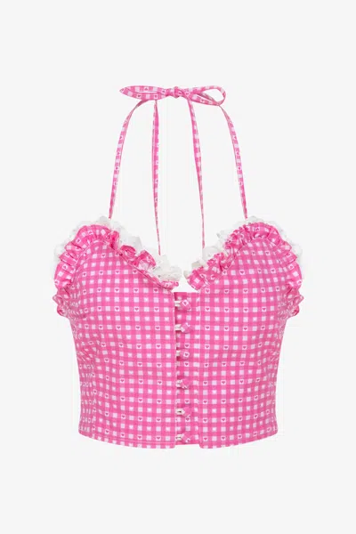 Je Te Veux Women's Sweetheart Gingham Pink Bustier With Lace Trim - Pink