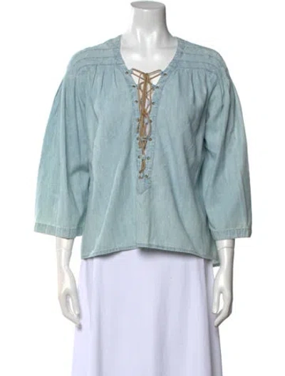 Pre-owned Jean Atelier V-neck Three-quarter Sleeve Blouse In Blue