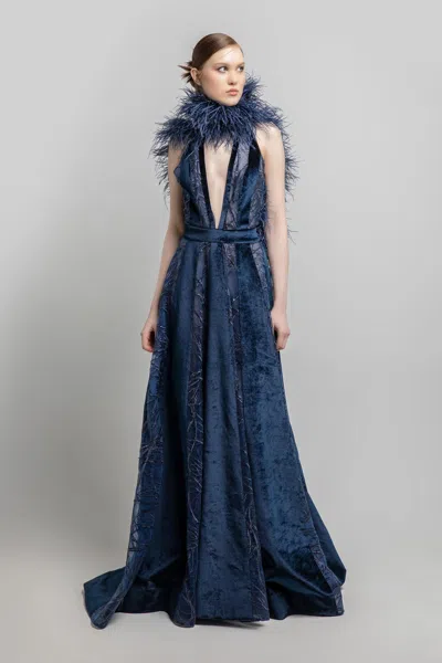 Jean Fares Couture Deep V-neck Gown In Blue