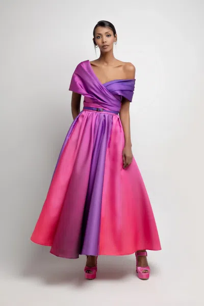Jean Fares Couture Draped Shoulder A-line Midi Dress In Pink