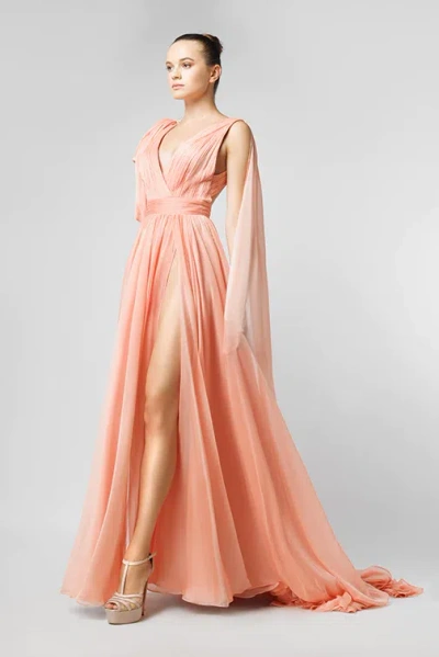 Jean Fares Couture Draped Shoulder Evening Gown With Slit In Pink