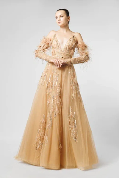 Jean Fares Couture Embellished Feathered Gown In Beige