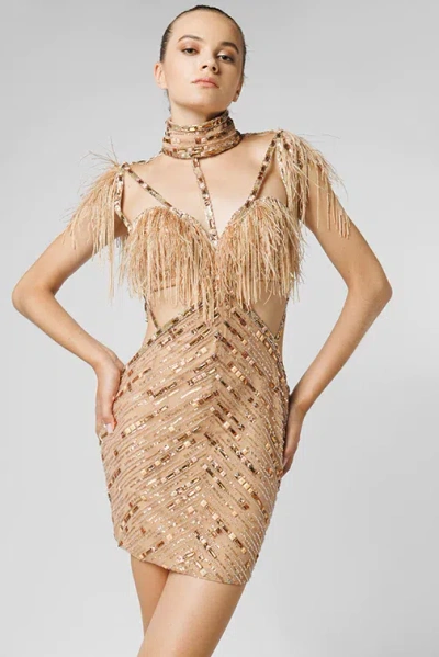 Jean Fares Couture Embellished Feathered Mini Dress In Beige