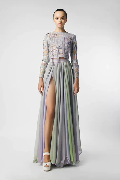 Jean Fares Couture Embellished Long Sleeve Pleated Gown In Purple