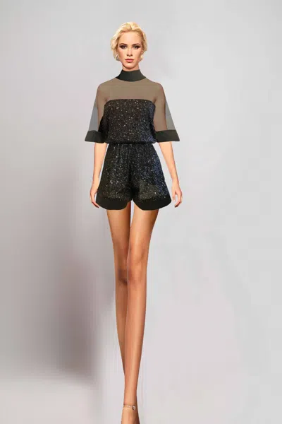 Jean Fares Couture Embellished Short Sleeve Romper In Black