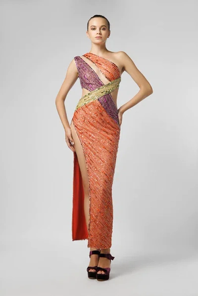Jean Fares Couture Embellished Thigh-high Slit Gown In Orange