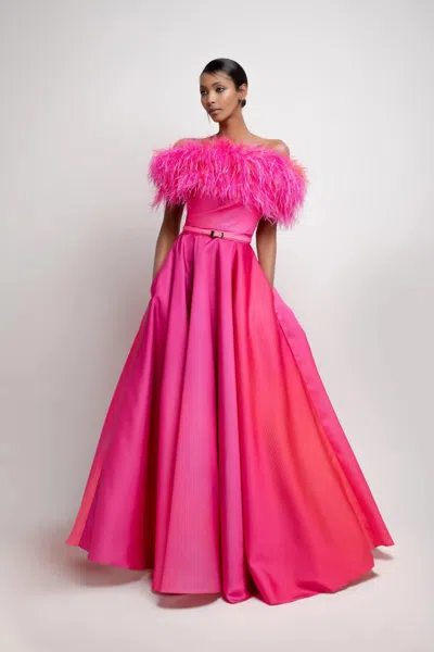 Jean Fares Couture Feathered Off Shoulder A-line Gown In Pink