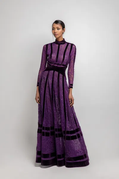 Jean Fares Couture High Neck Long Sleeve Lace Gown In Purple
