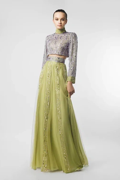 Jean Fares Couture Long Sleeve Embellished High Neck Gown In Green