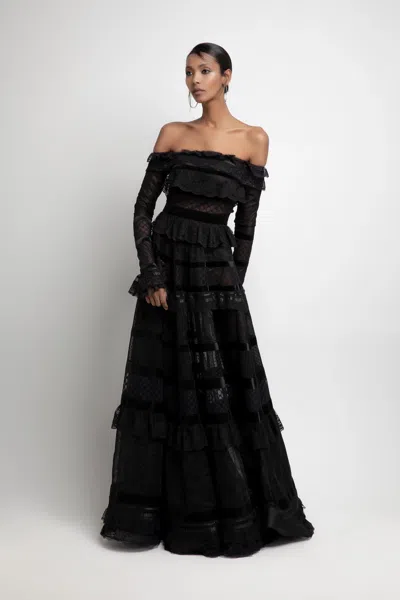 Jean Fares Couture Long Sleeve Off The Shoulder A-line Gown In Black