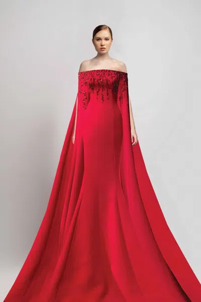 Jean Fares Couture Off Shoulder Cape Gown In Red