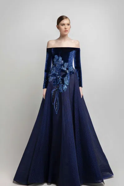 Jean Fares Couture Off Shoulder Embellished Long Sleeve A-line Gown In Blue