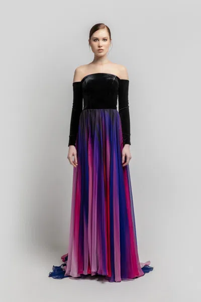 Jean Fares Couture Off The Shoulder Long Sleeve Pleated Gown In Multi