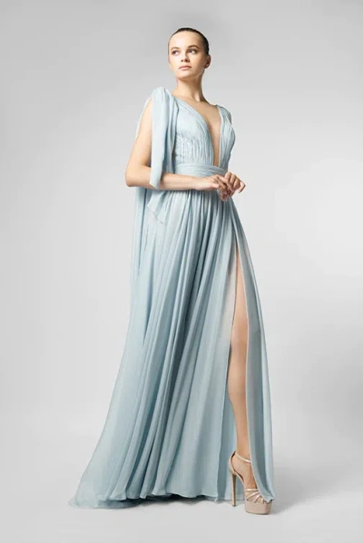 Jean Fares Couture Pleated Draped Gown In Blue