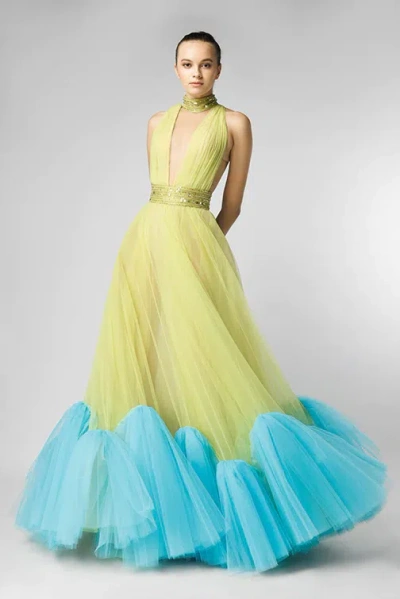 Jean Fares Couture Plunging Neck Gown In Yellow