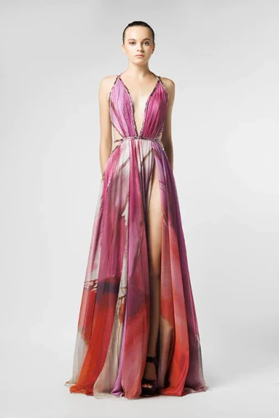 Jean Fares Couture Printed Embellished Sleeveless Gown In Multi