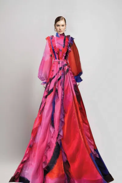 Jean Fares Couture Ruffled Long Sleeve Print Gown In Multi