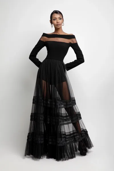Jean Fares Couture Semi-sheer Off Shoulder Gown In Black