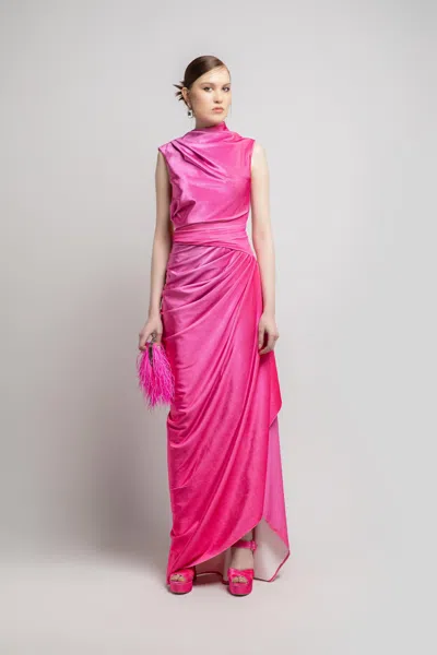 Jean Fares Couture Sleeveless High Neck Draped Gown In Pink