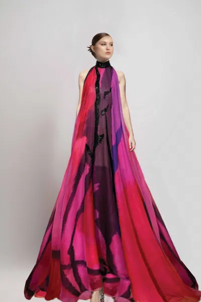 Jean Fares Couture Sleeveless High Neck Print Gown In Multi