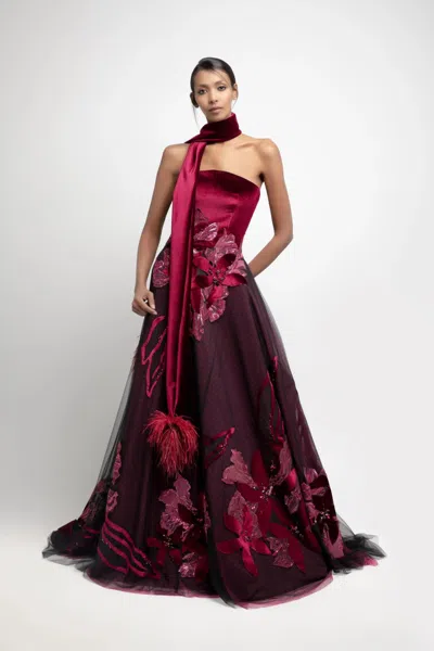 Jean Fares Couture Strapless Floral Embellished Dotted Gown In Red