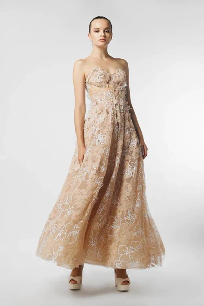 Jean Fares Couture Strapless Floral Tea-length Gown In Beige
