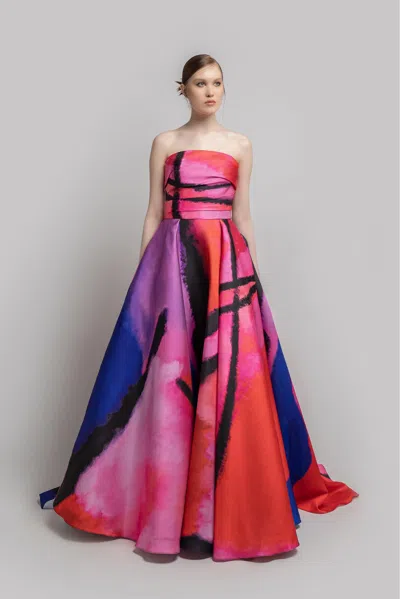 Jean Fares Couture Strapless Print A-line Gown In Multi