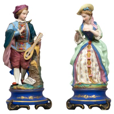Pre-owned Jean Gille Pair Porcelain Figurines Guitar Player & Singer, 19th Century, France In Gray