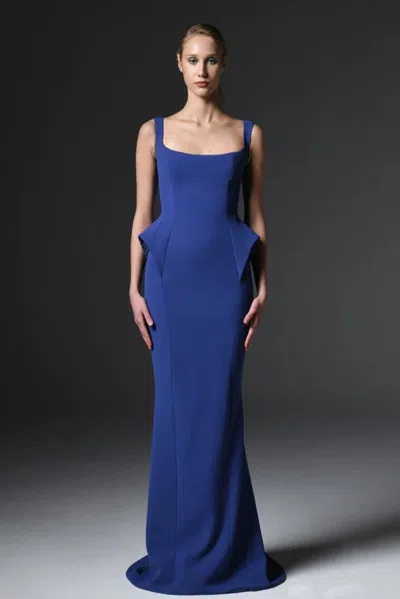 Jean Louis Sabaji Crêpe Gown With Embroidered Hips In Blue