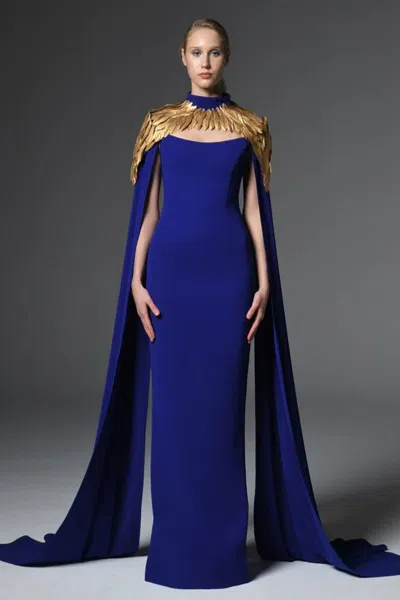 Jean Louis Sabaji Crêpe Gown With Gold Feathers In Blue