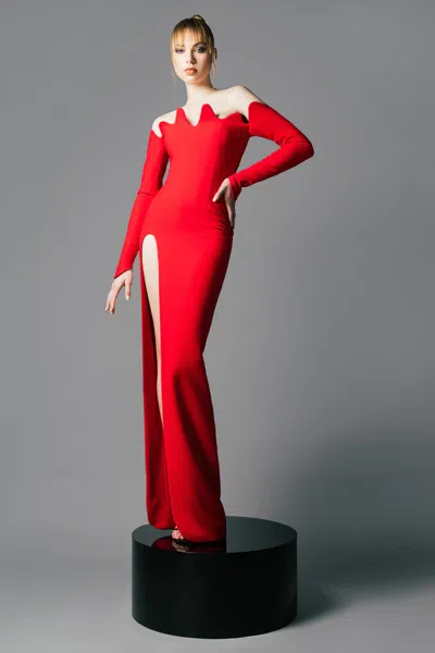 Jean Louis Sabaji Crepe Gown With Structured Neckline In Red