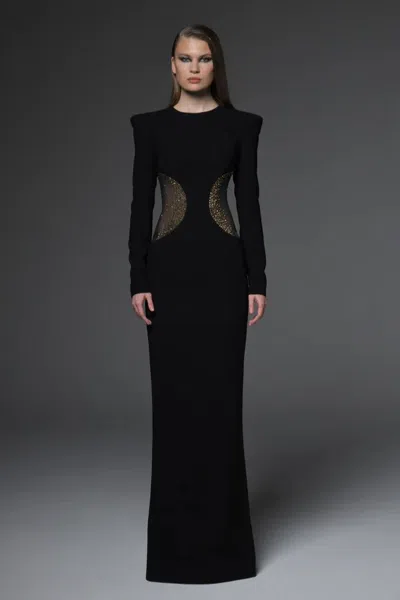 Jean Louis Sabaji Crêpe Gown With Tulle Cutouts In Black