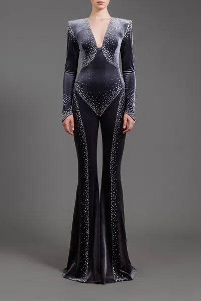 Jean Louis Sabaji Crystal Embroidered Velvet Jumpsuit In Gray